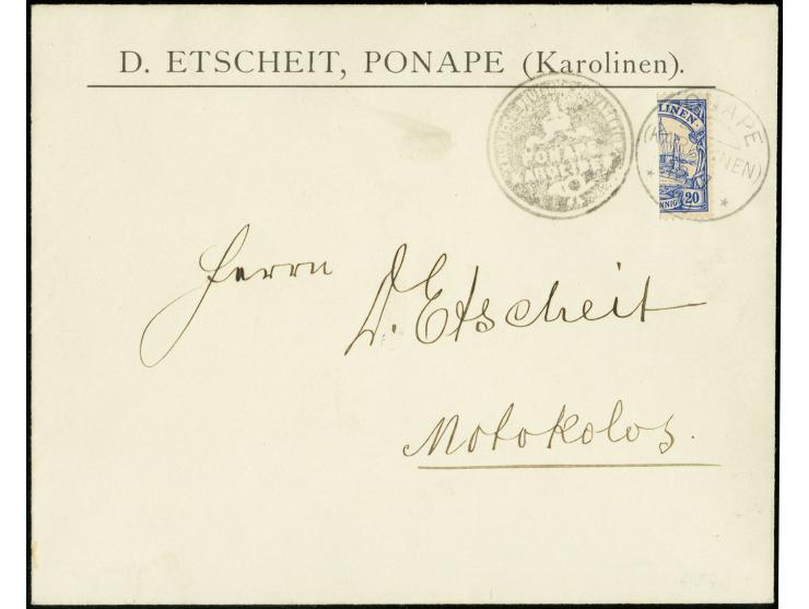 1910, 3. Ponape-Ausgabe: 20 Pfg. senkrecht halbiert mit Stempel "PONAPE 12/7 10" portogerecht auf Briefumschlag nach Molokolo