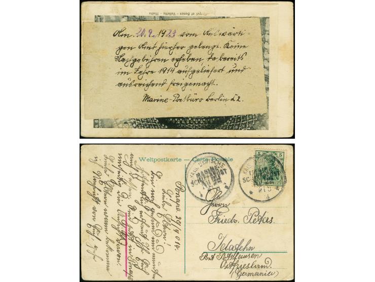 Kreuzgeschwader "Graf Spee": 1914, Aufkleber "Am....19....vom Auwärtigem Amt....Marine-Postbüro Berlin C2" rückseitig auf Pos