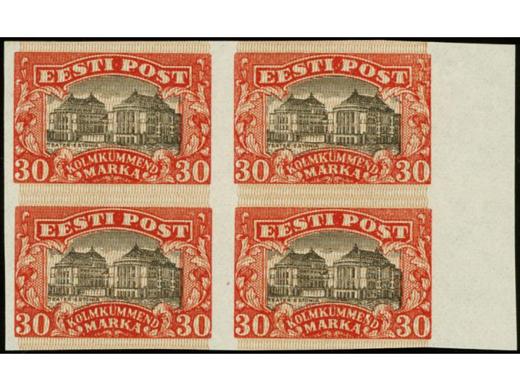 1924, National theater 30 m. proof in red with brown network, block of four with right sheet margin, fine (Hurt/Ojaste G5)
 