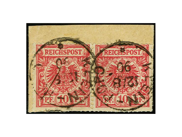 10 Pfg. rosarot im waagerechten Paar mit klarem Stempel "KLEIN-POPO 12.8.90" auf Briefstück, leichte Randklebung, Marken einw
