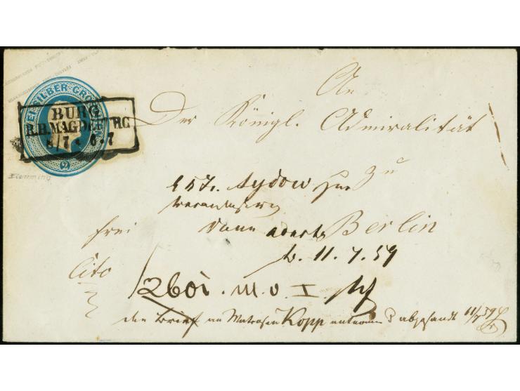 1859, Preußen 2 Sgr. Ganzsachenumschlag mit Ra3 "BURG / R.B.MAGDEBURG / 8 7" als Marineschiffspost-Brief an die Königliche Ad