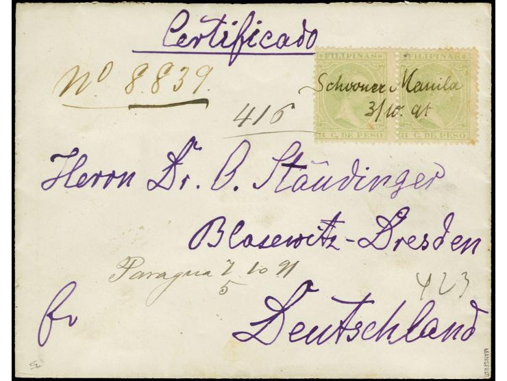 1891, "Schooner Manila 3/10 91" übergehende handschriftliche Entwertung auf Paar Philippinen 8 Cs. grün auf kleinem gesiegelt
