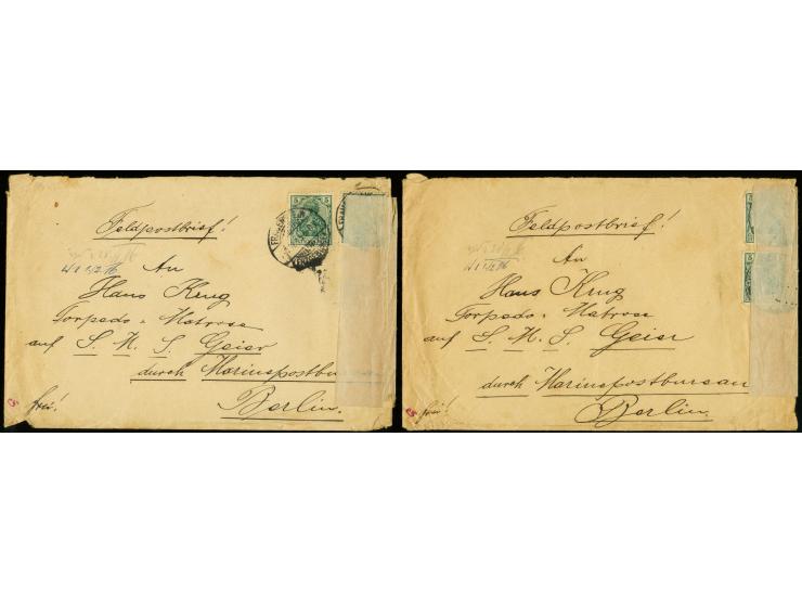1915, SMS Geier, zwei frankierte Briefe aus einer Korrespondenz aus Frauenstein 1915 über das Marinepostbüro mit Zensurstempe