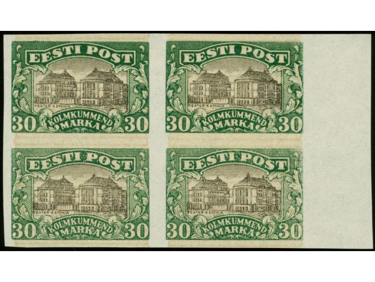 1924, National theater 30 m. proof in dark green with light brown network, block of four with right sheet margin, fine (Hurt/