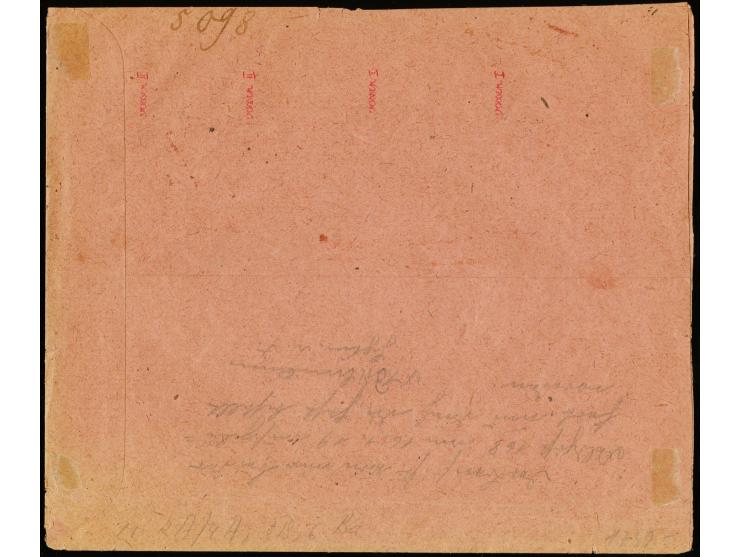 10 und 20 Pfg. in Type I und 15 und 50 Pfg. in Type II mit violettem Aufdruck mit Stempel "Deutsche Feldpost 16.1.19" auf bes