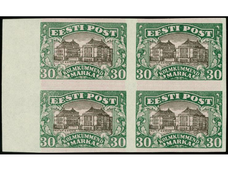 1924, National theater 30 m. proof in dark green with rose lilac network, block of four with left sheet margin, fine (Hurt/Oj