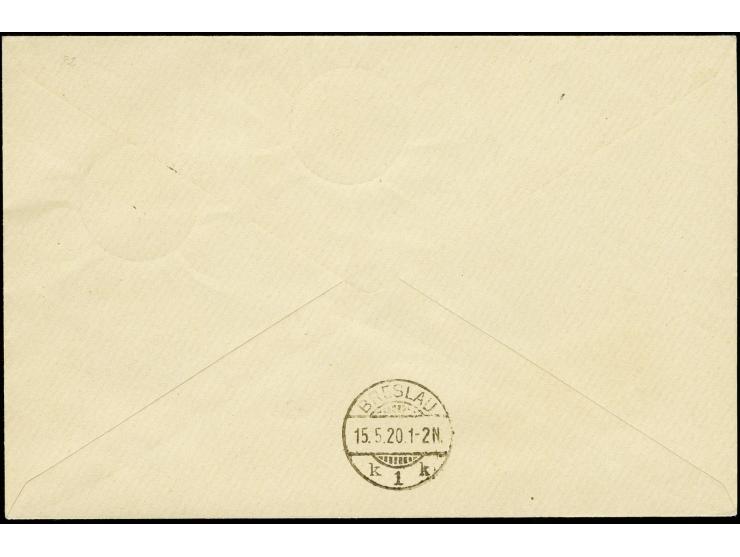 50 Pf. auf 5 M. mit Zufrankatur mit Stempel "BEUTHEN 14.5.20" auf portogerechtem R-Brief nach Breslau, tadellos, Fotoattest G