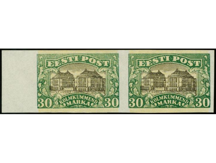 1924, National theater 30 m. proof in light green with light yellow network, horizontal paior with left sheet margin, fine (H