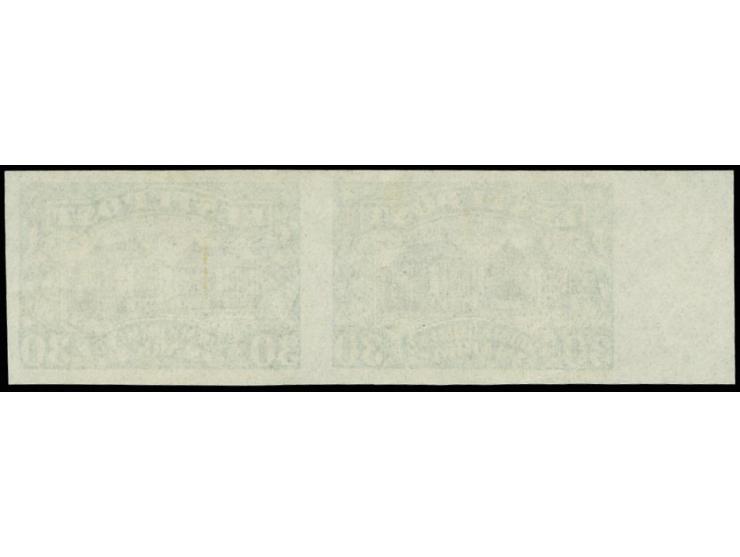 1924, National theater 30 m. proof in light green with light yellow network, horizontal paior with left sheet margin, fine (H