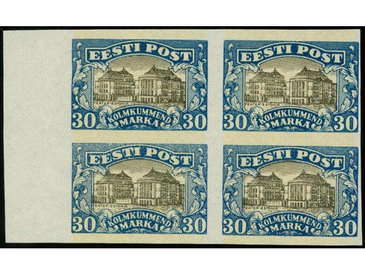 1924, National theater 30 m. proof in blue with yellow network, block of four with left sheet margin, fine (Hurt/Ojaste G15)