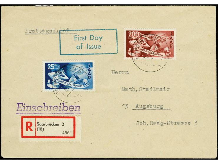 1950, Europarat 25-200 Fr. mit klarem Erstagsstempel "SAARBRÜCKEN 8.8.50" auf überfrankiertem Ersttags-R-Brief, tadellos, Fot