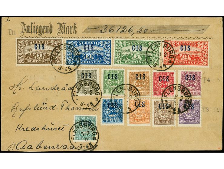 1920, CIS 2½ Pfg.-10 M. kpl. mit EKr. "FLENSBURG 3 2 20" auf stark beschnittenem Briefumschlag, 1 M. mit Plattenfehler "Stric