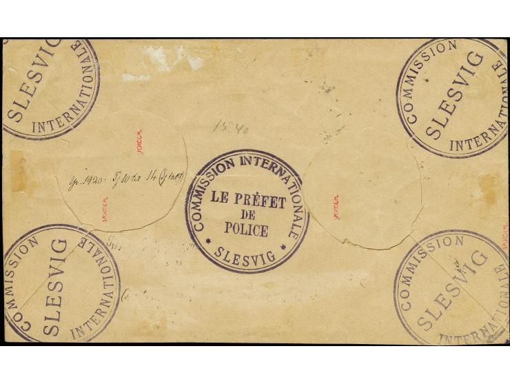 1920, CIS 2½ Pfg.-10 M. kpl. mit EKr. "FLENSBURG 3 2 20" auf stark beschnittenem Briefumschlag, 1 M. mit Plattenfehler "Stric
