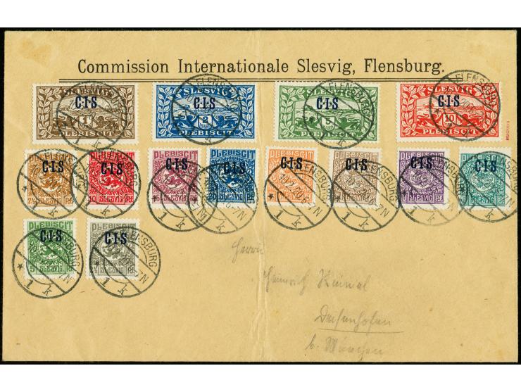 2½ Pfg.-10 M. kpl.,  sauber gestempelt "FLENSBURG 10.2.20" auf Vordruckumschlag der Kommission, Umschlag einmal senkrecht gef