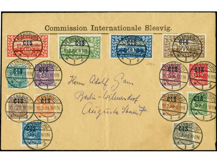 2½ Pfg.-10 M.kpl. mit Stempel "FLENSBURG 10.2.20" auf adressiertem Umschlag der Commission; 10 M. unauffällige kleine Schürfu