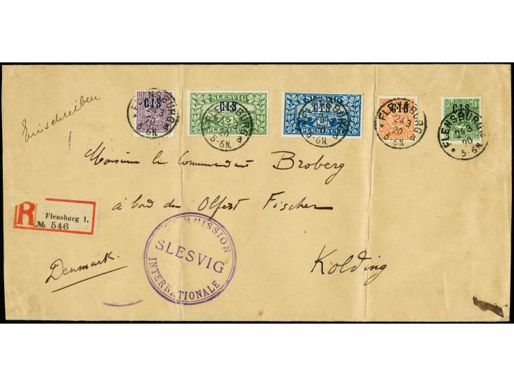 1920, CIS 2-5 M. sowie 5,25 und 40 Pfg. mit Stempel "FLENSBURG 24 3 20" auf überfrankiertem R-Auslandsbrief der International
