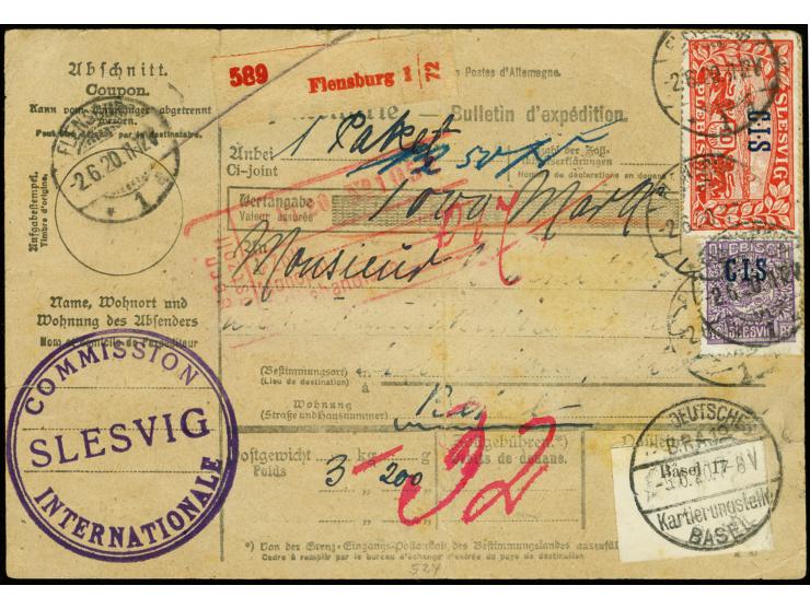 1920, CIS 10 M., 5 M., 3 Stück 1 M. und 2 Stück 40 Pfg. mit Stempel "FLENSBURG 1a 2.6.20" vorder- und rückseitig auf kpl. Wer