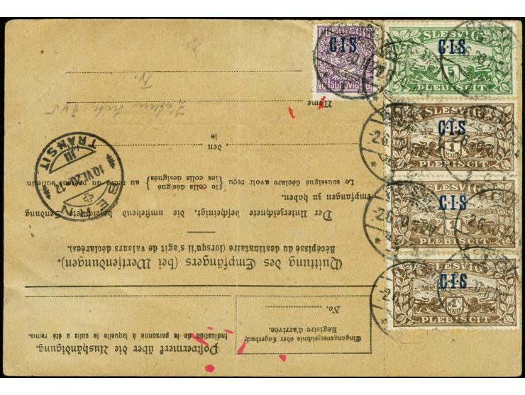 1920, CIS 10 M., 5 M., 3 Stück 1 M. und 2 Stück 40 Pfg. mit Stempel "FLENSBURG 1a 2.6.20" vorder- und rückseitig auf kpl. Wer