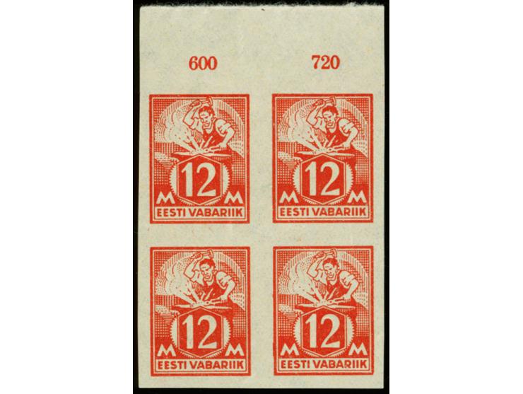 1922, Smith 12m. red imperforated, block of four with upper sheet margin, mint never hinged with light gum creases, fine (Hur