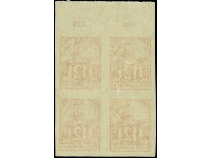 1922, Smith 12m. red imperforated, block of four with upper sheet margin, mint never hinged with light gum creases, fine (Hur