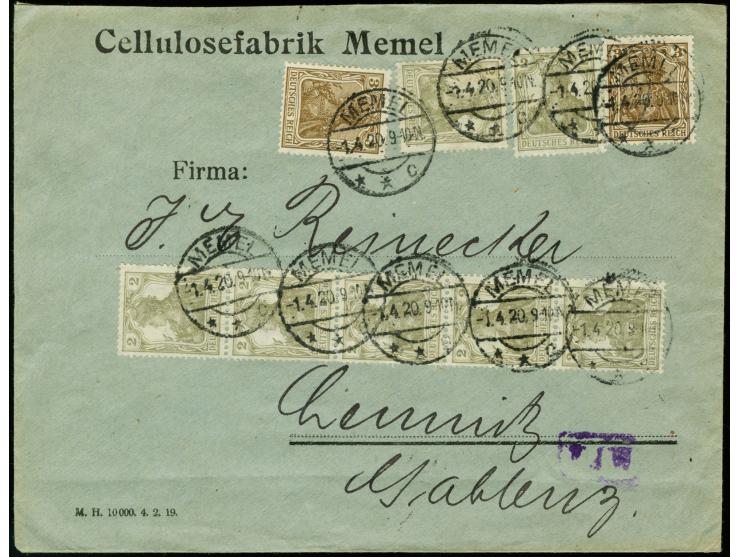 Germania 2 Pfg. grau im senkrechten 5er-Streifen und zwei Einzelmarken sowie zwei Einzelmarken 3 Pfg. orangebraun je mit Stem