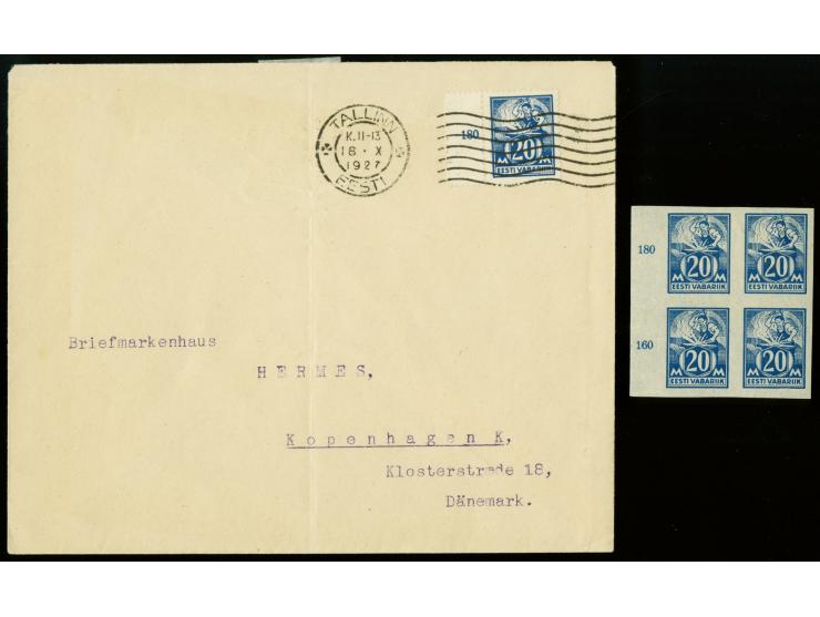 1922, Smith 20m.blue imperforated, block of four with left sheet margin, upper stamps hinged, lower mint never hinged, fine, 