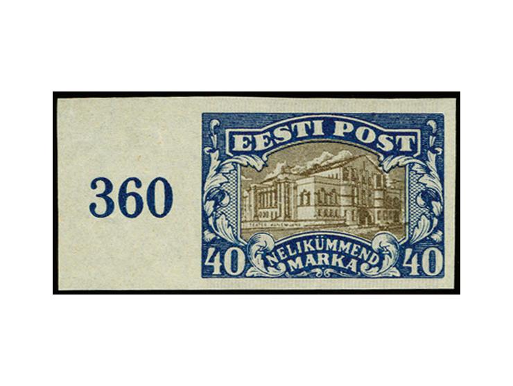 1927, Dorpat theatre 40 m. blue/black as imperforated proof with left sheet margin, unused without gum, fine, certificate Löb