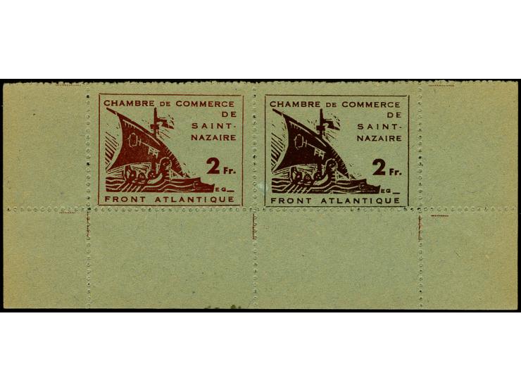 1945, Handelskammer-Freimarke 2 Fr. lilabraun auf grün und dkl'violettbraun auf grün zusammenhängend (Feld 9 + 10) mit Kleinb