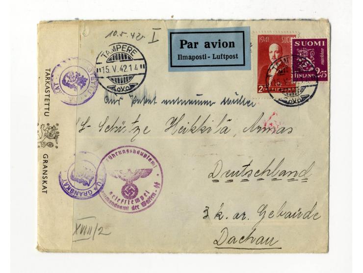 Dachau: 1942, 2 frankierte Luftpostbriefe an einen finn. Freiwilligen in der SS-Wachmannschaft, einmal mit Zensur-L3 "Postzen