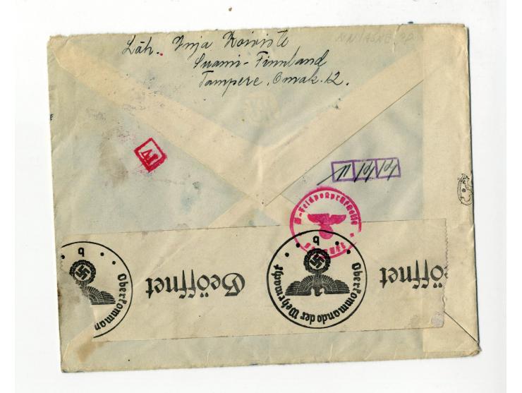 Dachau: 1942, 2 frankierte Luftpostbriefe an einen finn. Freiwilligen in der SS-Wachmannschaft, einmal mit Zensur-L3 "Postzen