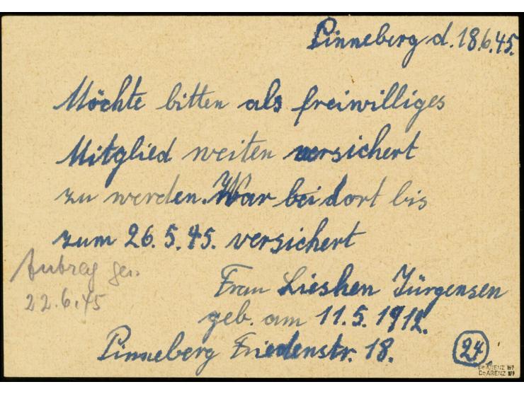 1945, "CENCORED MILITARY GOVERNMENT", britischer Zensurstempel der Zensurstelle Pinneberg klar auf einer Aushilfs-Ganzsachenk