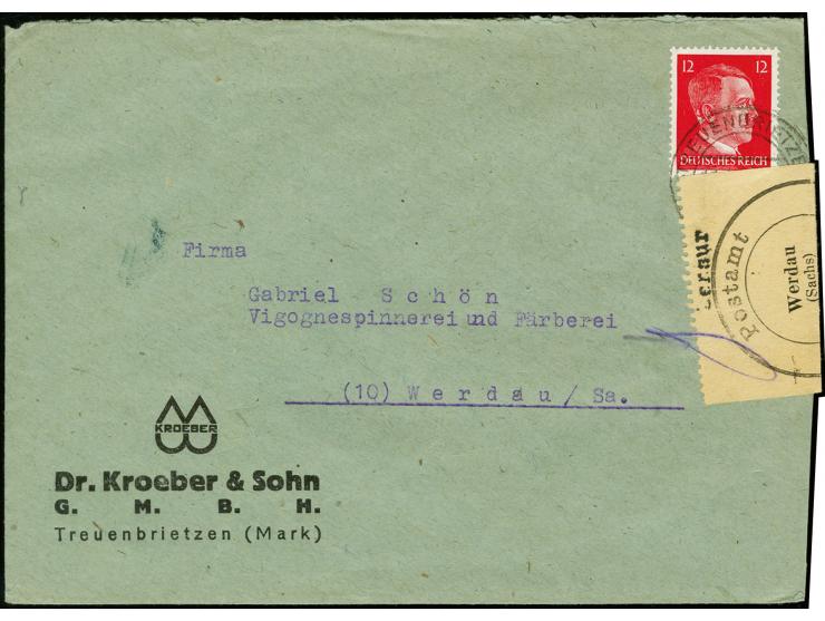 1945, Verschlußmarke Postamt Werdau 1 mit hektographiertem L1 "Zensur" und handschrifticher Paraphe als Zensurmaßnahme rechts