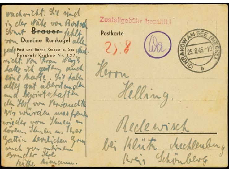 1945, violetter Kreisstempel + Paraphe "Wa" als Zensurmaßnahme auf Karte von "KRAKOW AM SEE 25.8.45" mit violettem, roten L1 