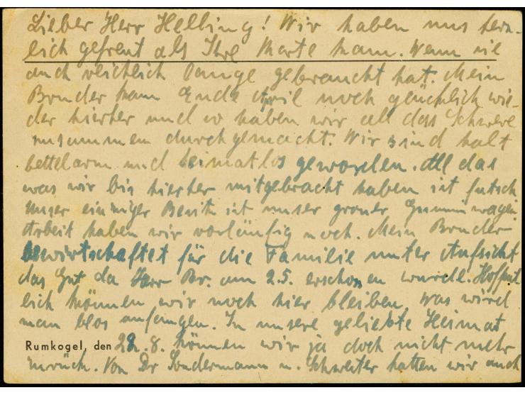 1945, violetter Kreisstempel + Paraphe "Wa" als Zensurmaßnahme auf Karte von "KRAKOW AM SEE 25.8.45" mit violettem, roten L1 