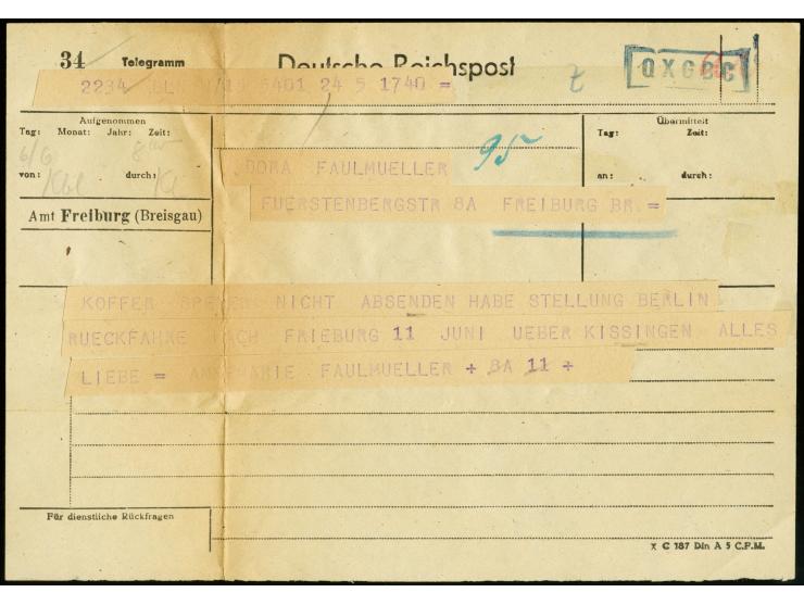 1946, "QXGBC", violetter Ra1 + Paraphe der Zensurstelle Freiburg, sehr klar auf Telegramm-Vordruck aus Freiburg vom 6.6., übl