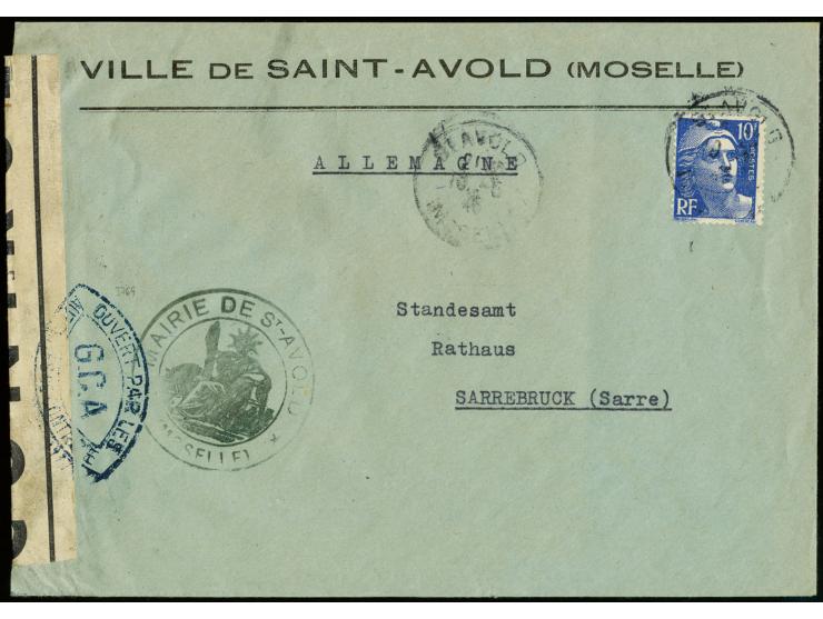 1946, "G.C.A.", Spitz-Ovalstempel der Zensurstelle Saarbrücken, sehr klar vorder- und rückseitig auf frankiertem Brief von "S