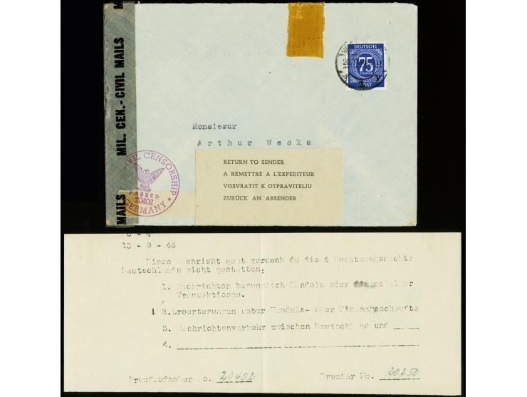 1946, frankierter Auslandsbrief von "WIESBADEN 20.11.46" mit viersprachigem "Return to Sender"-Aufkleber und Zensurstempel- u