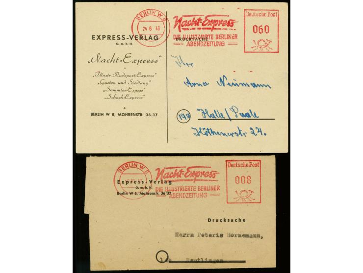 1948, 60 Pfg. Absender-Freistempel "BERLIN W8 24.6.48" des Express-Verlags auf Drucksachen-Karte nach Halle, Saale, sehr selt