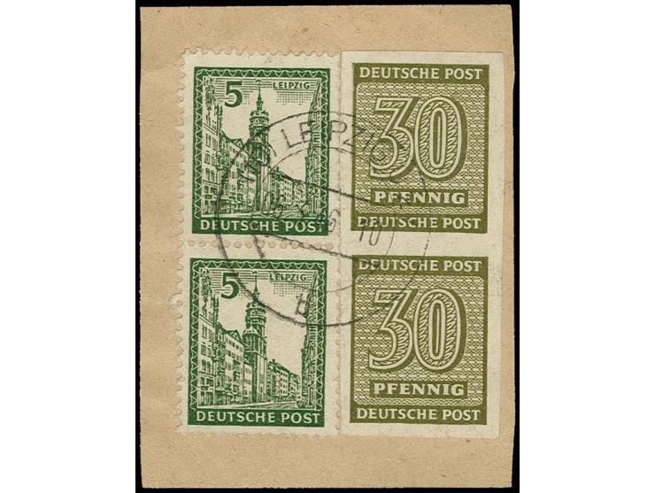 1945, Ziffern 30 Pfg. Wasserzeichen fallende Stufen, im breitandig ungezähnten, senkrechten Paar mit Zufrankatur mit Stempel 