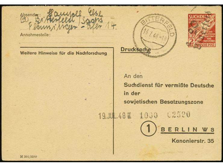 Ganzsachenkarte 2 M. mit Handstempel "a20/Bitterfeld" gebraucht von "BITTERFELD  13.7.48" mit Eingangsstempel vom 19.7., Prac