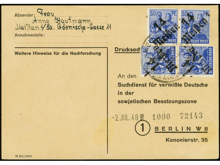Ganzsachenkarte 2 M. als Formblatt mit zwei Paaren Arbeiter 50 Pfg. mit Handstempel "14/Meißen" als portogerechte Mehrfachfra