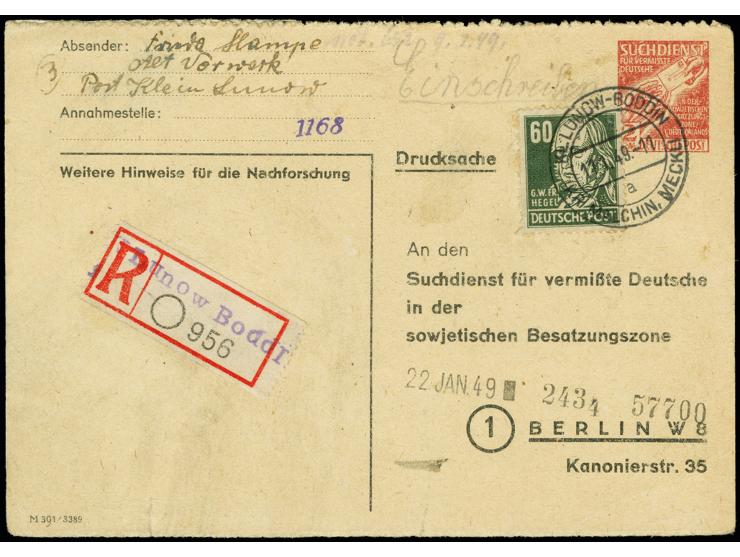 Ganzsachenkarte 2 M. mit Zufrankatur Köpfe 60 Pfg. als R-Karte von "LUNOW-BODDIN 11.1.49" mit Eingangsstempel vom 22.JAN., Zu