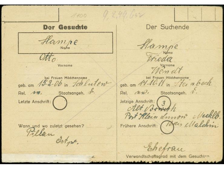 Ganzsachenkarte 2 M. mit Zufrankatur Köpfe 60 Pfg. als R-Karte von "LUNOW-BODDIN 11.1.49" mit Eingangsstempel vom 22.JAN., Zu
