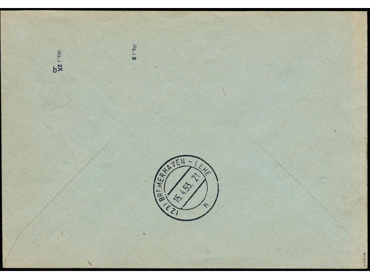 1953, Persönlichkeiten 80 Pfg. Lack mit Zufrankatur mit Stempel "SENFTENBERG 13.4.53" auf portogerechtem R-Brief nach Bremerh