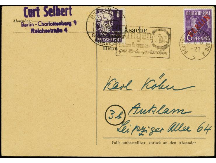 1949, Rotaufdruck 6 Pfg. mit Maschinenstempel "BERLIN-CHARLOTTENBURG 2 23.6.49" auf Fernschach-Postkarte in Doppelfrankatur m