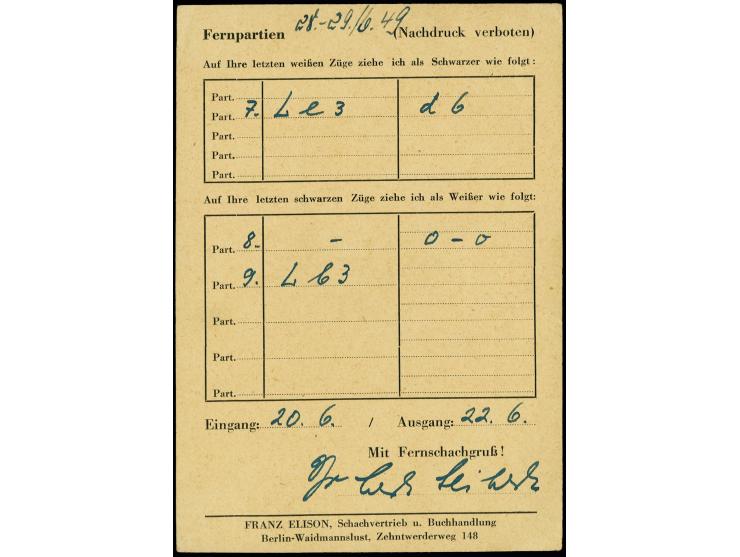 1949, Rotaufdruck 6 Pfg. mit Maschinenstempel "BERLIN-CHARLOTTENBURG 2 23.6.49" auf Fernschach-Postkarte in Doppelfrankatur m
