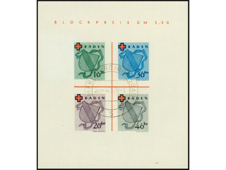 Rotes Kreuz-Block, Type I/V, zentrisch gestempelt, "FREIBURG 23.4.49", tadellos, signiert Schlegel BPP, Fotoattest Straub BPP