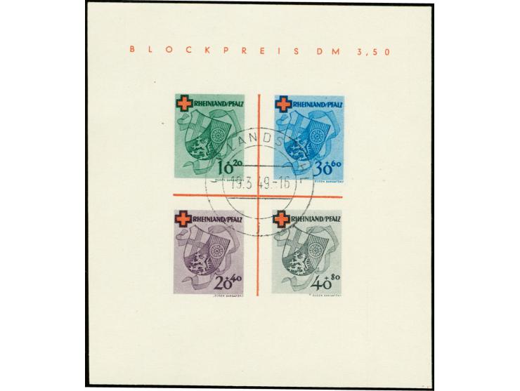 Rotes Kreuz-Block, Type I/I, zentrisch gestempelt "LANDSTUHL 19.3.49", tadellos, signiert Schlegel BPP, Fotoattest Straub BPP