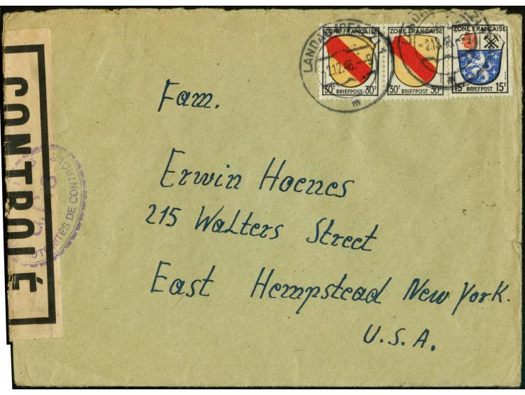 1946, Zensur-Oval "G.C.3" in violett, recht klar mit Verschlußstreifen "CONTROLÉ" auf Brief von "LANDAU 2.12.46" mit Wappen 3