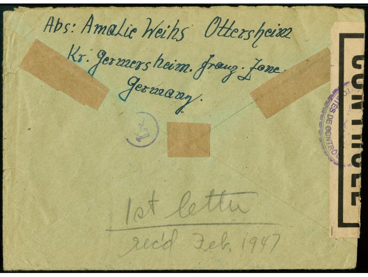 1946, Zensur-Oval "G.C.3" in violett, recht klar mit Verschlußstreifen "CONTROLÉ" auf Brief von "LANDAU 2.12.46" mit Wappen 3